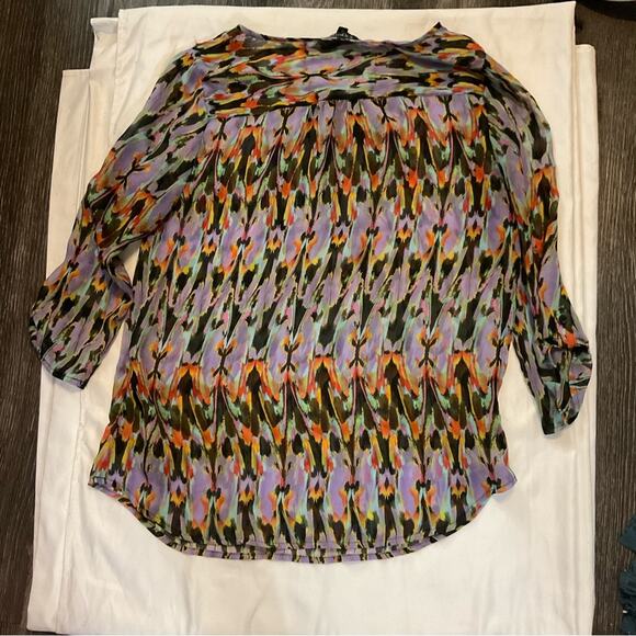 Express Sheer Printed 3/4 Sleeve Blouse with Front Tie S Dopamine Casual - Picture 4 of 12